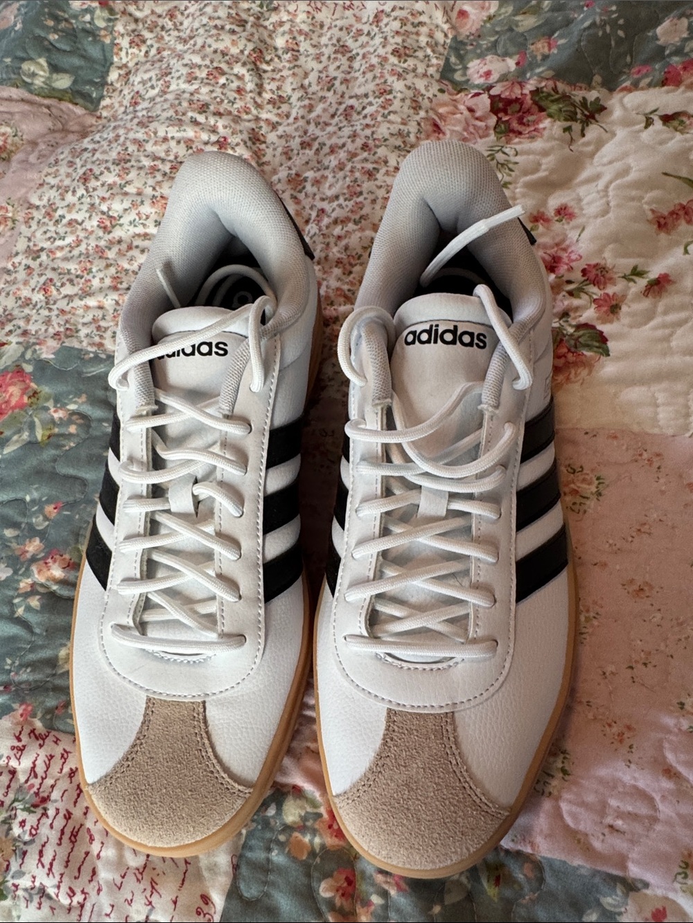 adidas White Sneakers with Black Stripes and Tan Suede Toe